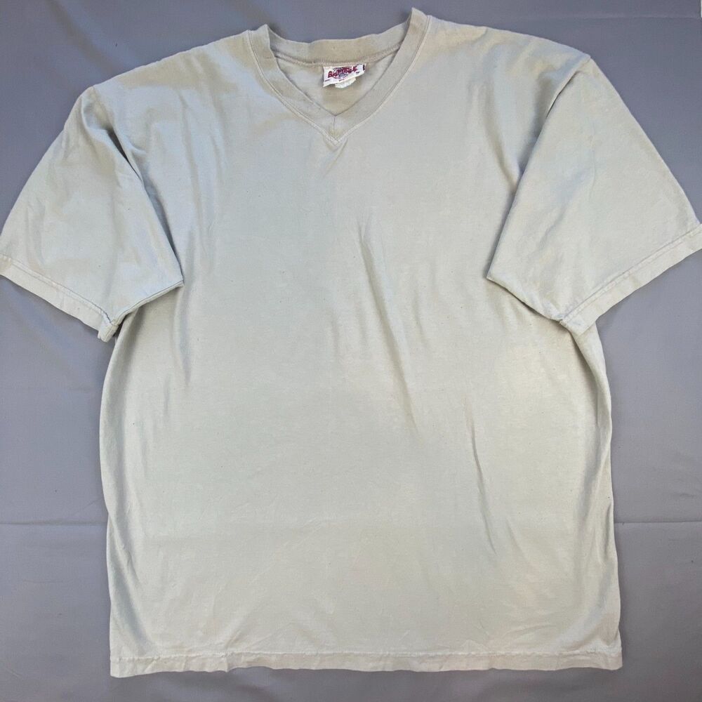 Vintage Best Mens V-Neck T-Shirt Short Sleeve Solid Beige Tan Plain Tee Size L